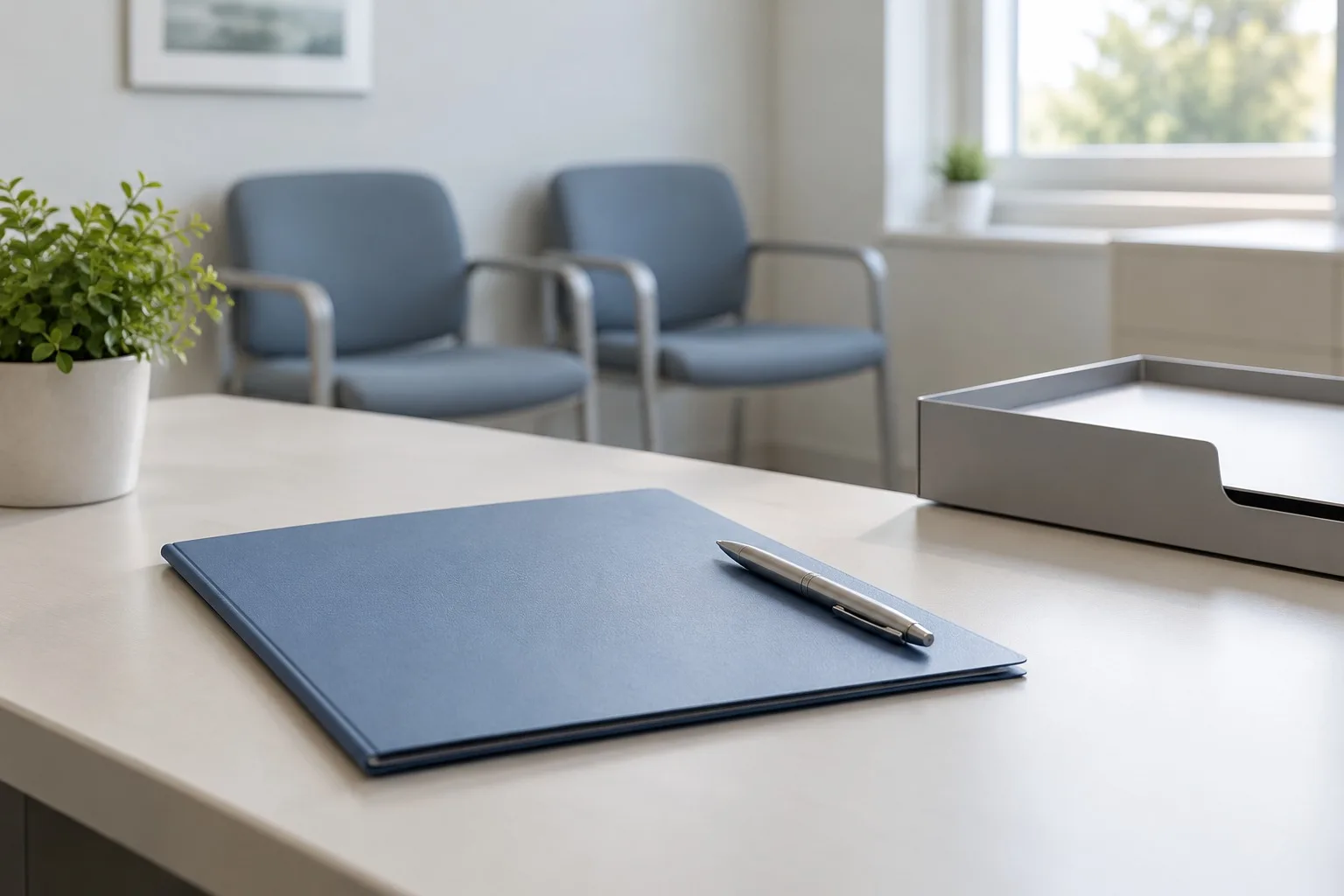 Unbeschriftete Dokumentenmappe mit Stift zur Vorbereitung eines fachlichen Gesprächs